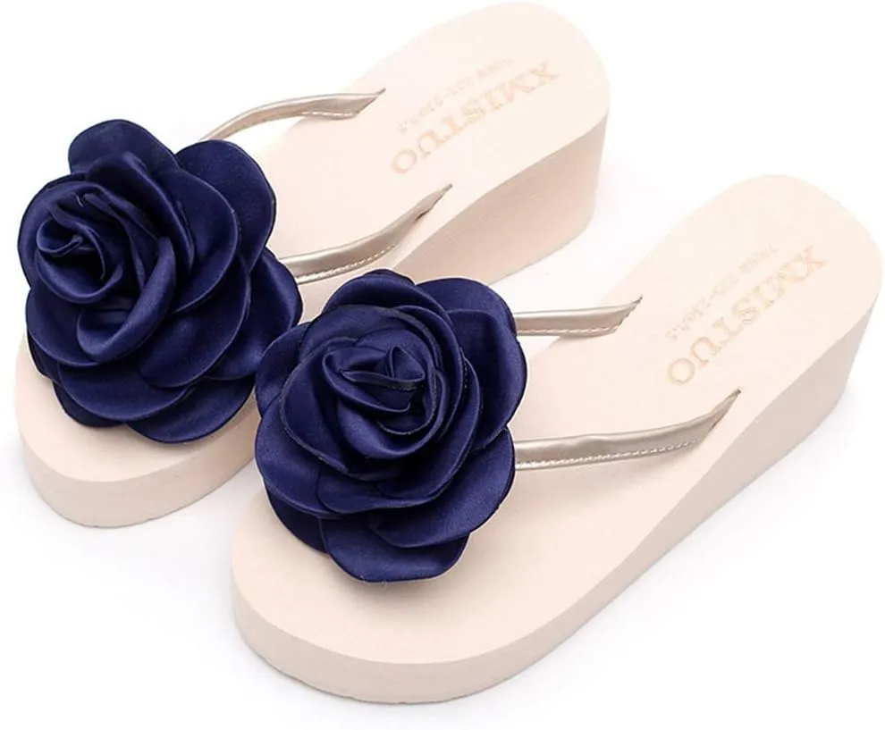 MIOKE Womens Flower Wedge High Heel Flipflops Summer Platform Comfort Anti-slip Beach Thong Sandals Black