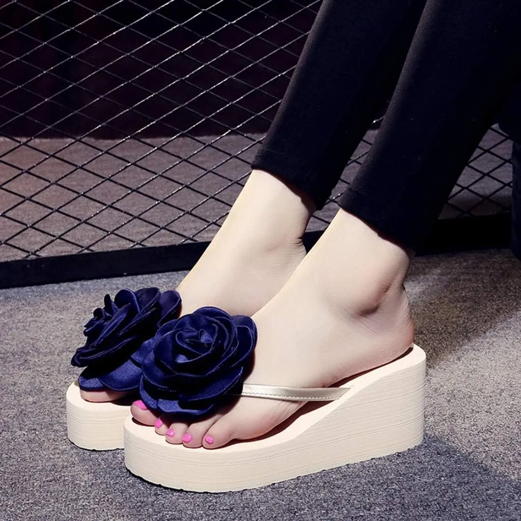 MIOKE Womens Flower Wedge High Heel Flipflops Summer Platform Comfort Anti-slip Beach Thong Sandals Black