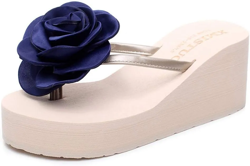MIOKE Womens Flower Wedge High Heel Flipflops Summer Platform Comfort Anti-slip Beach Thong Sandals Black