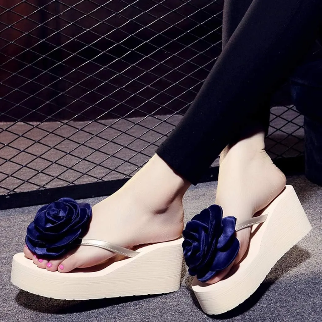 MIOKE Womens Flower Wedge High Heel Flipflops Summer Platform Comfort Anti-slip Beach Thong Sandals Black