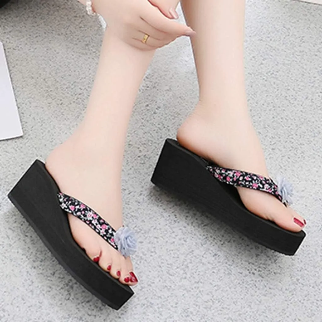 MIOKE Women's Wedge High Heel Flipflops Sandals Boho Flower Anti-Slip Platform Summer Beach Thong Sandals