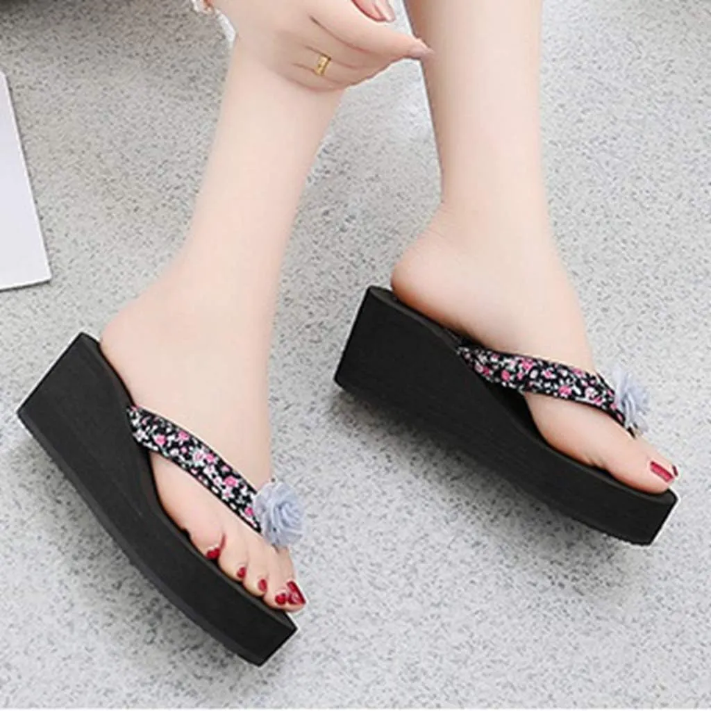 MIOKE Women's Wedge High Heel Flipflops Sandals Boho Flower Anti-Slip Platform Summer Beach Thong Sandals