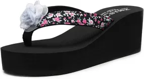 MIOKE Women's Wedge High Heel Flipflops Sandals Boho Flower Anti-Slip Platform Summer Beach Thong Sandals