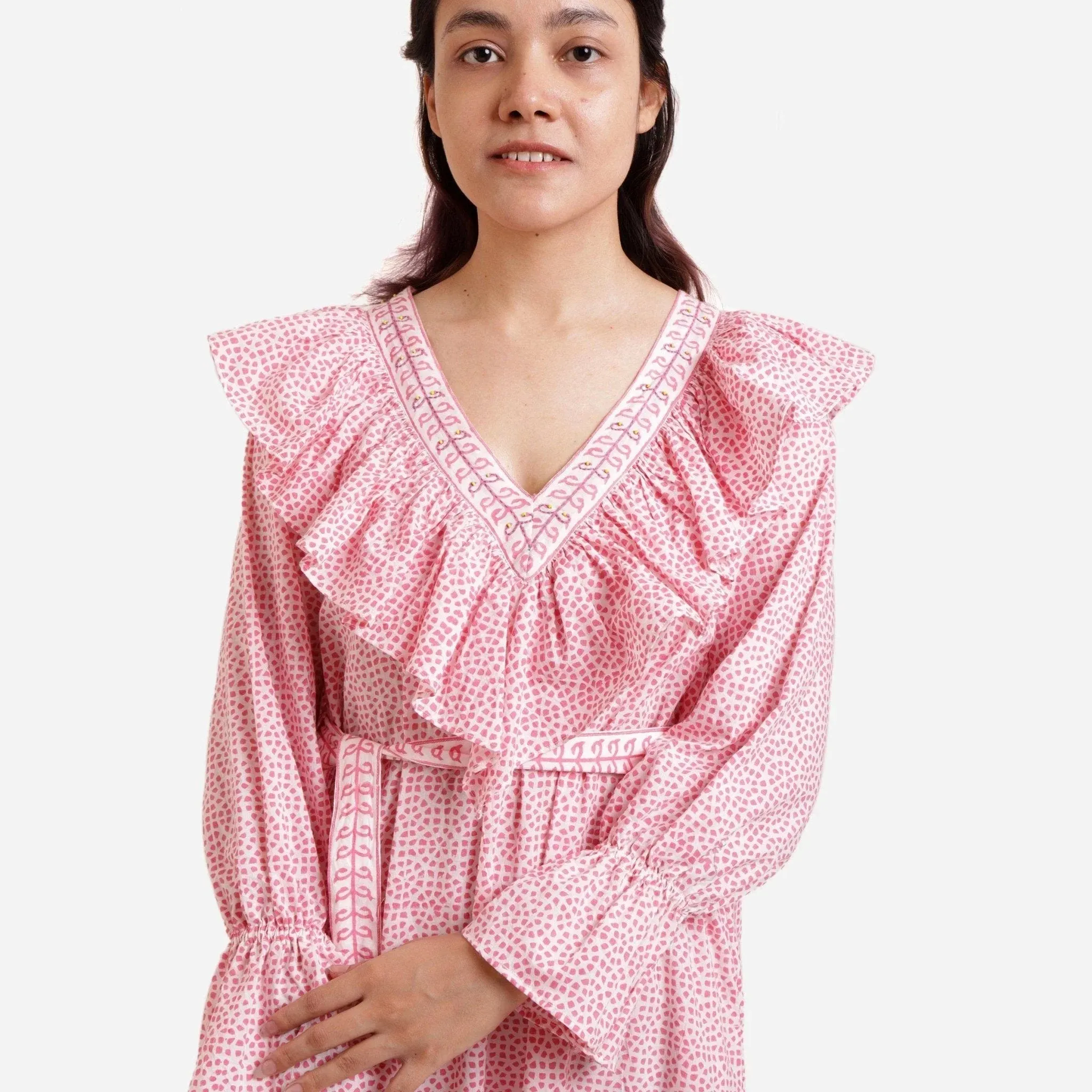Pink Ditsy Block Printed Cotton Midi Dress