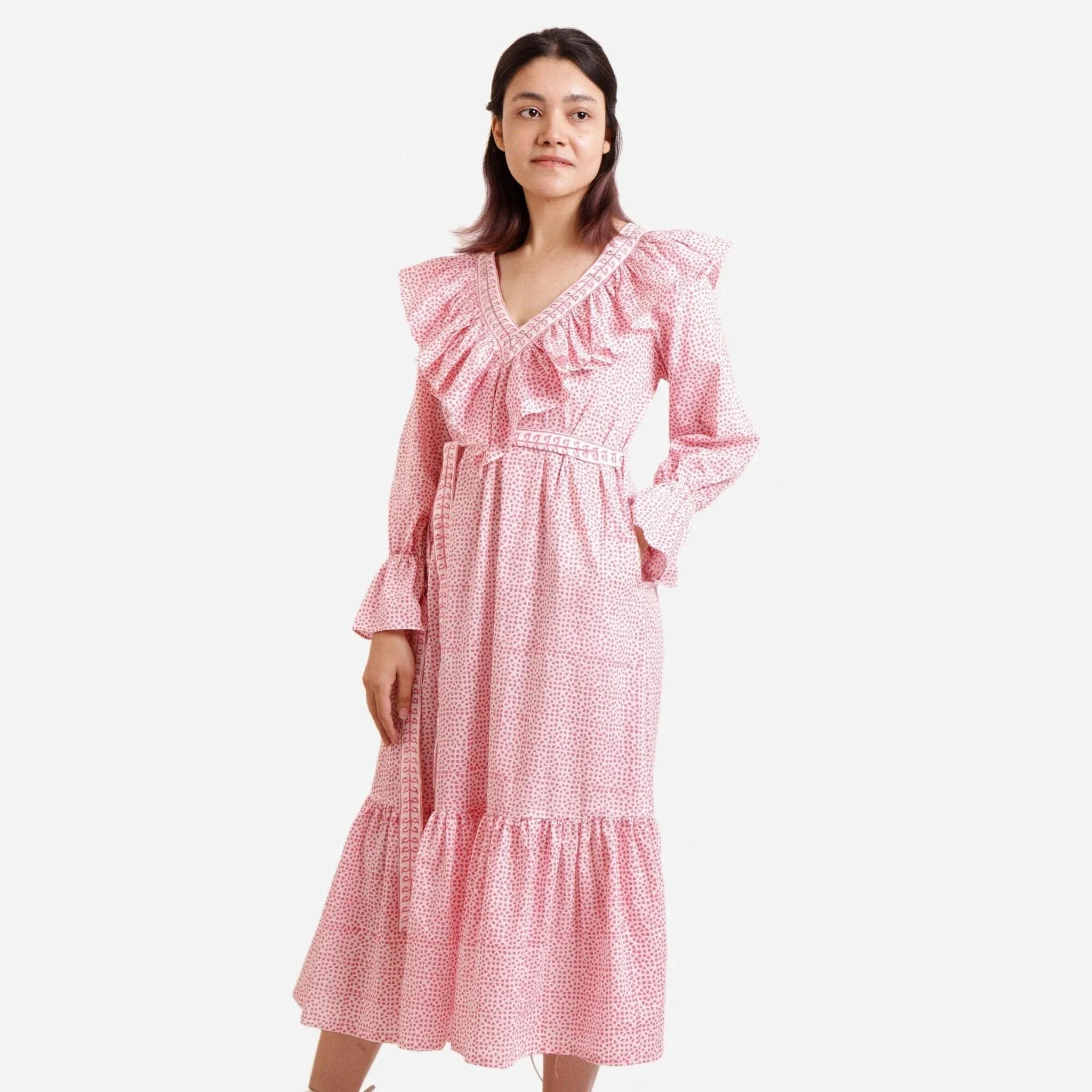Pink Ditsy Block Printed Cotton Midi Dress