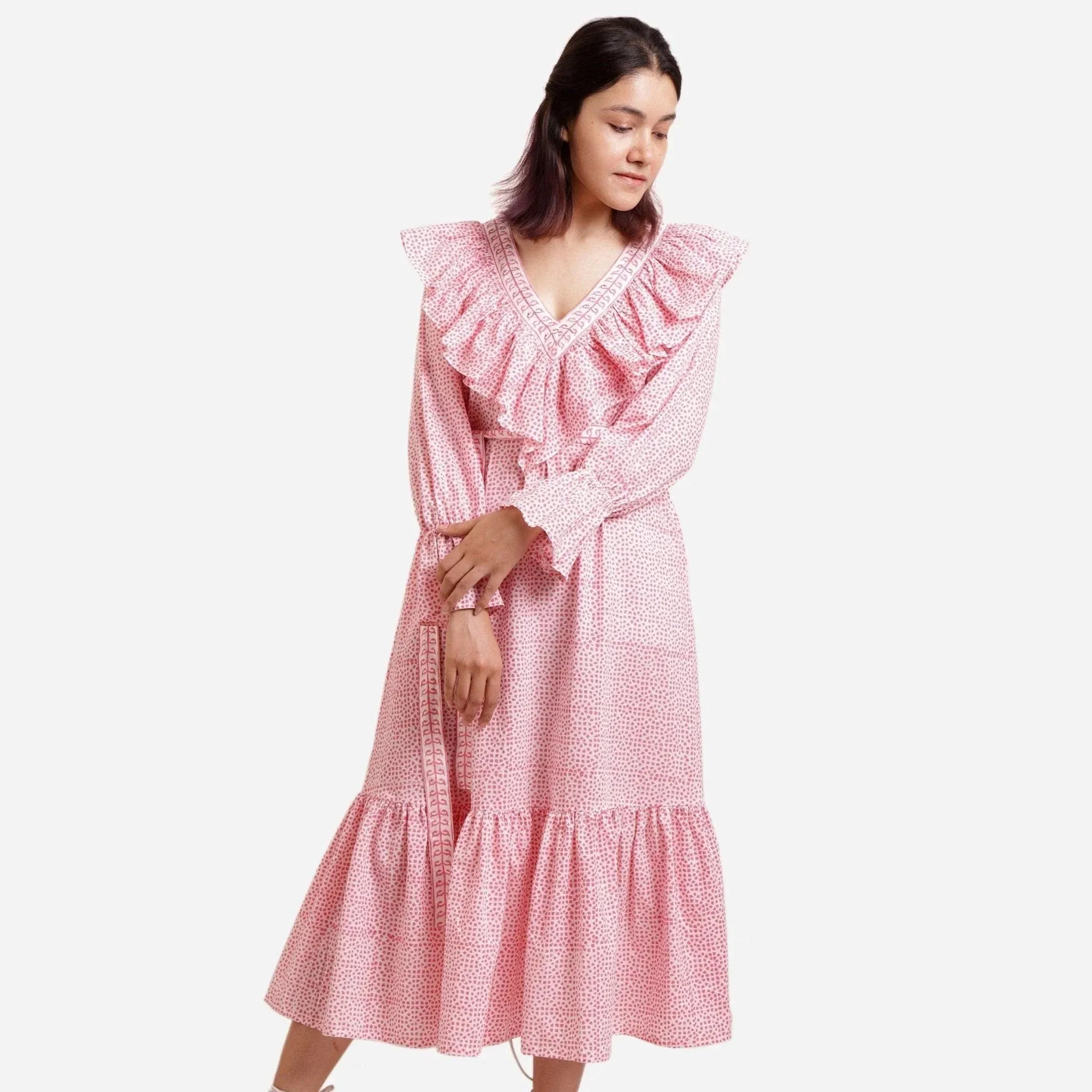 Pink Ditsy Block Printed Cotton Midi Dress