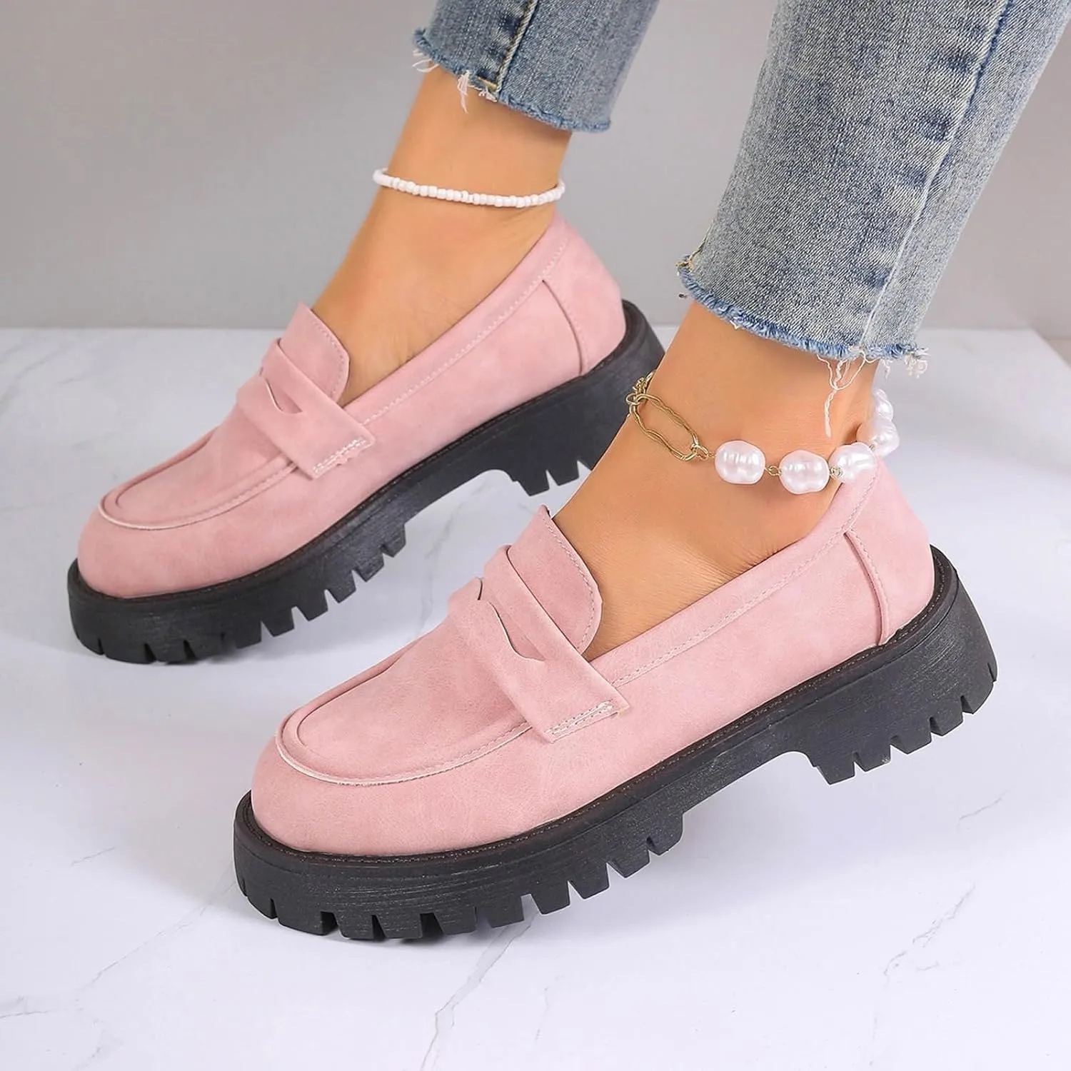 Platform Loafers for Women Comfort Slip On Loafers Casual Business Shoes Classic Fall Shoes Leather Penny Loafers