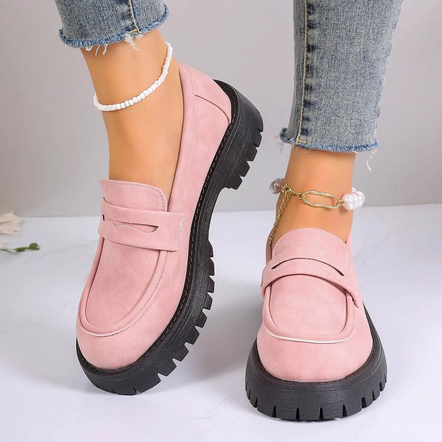 Platform Loafers for Women Comfort Slip On Loafers Casual Business Shoes Classic Fall Shoes Leather Penny Loafers