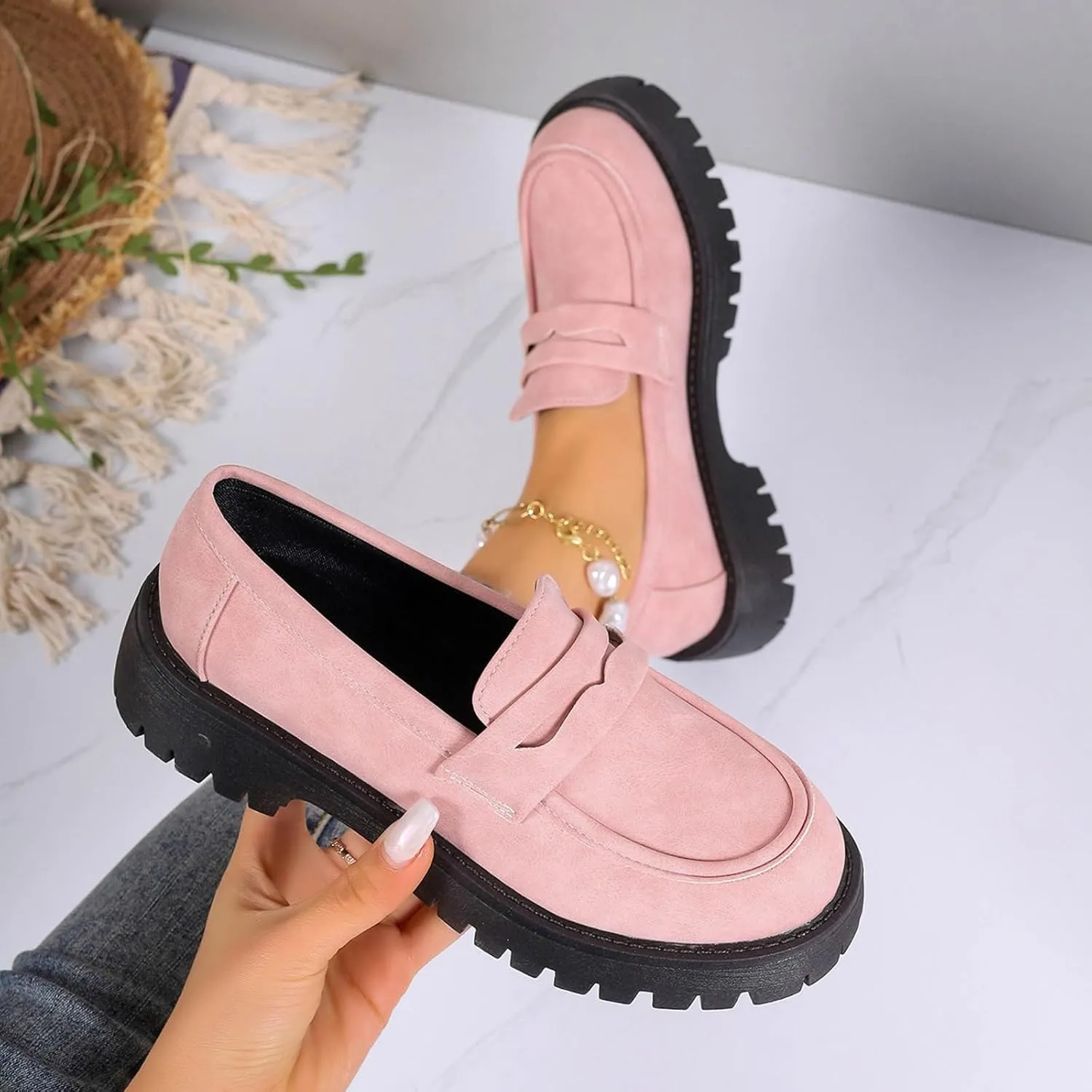 Platform Loafers for Women Comfort Slip On Loafers Casual Business Shoes Classic Fall Shoes Leather Penny Loafers