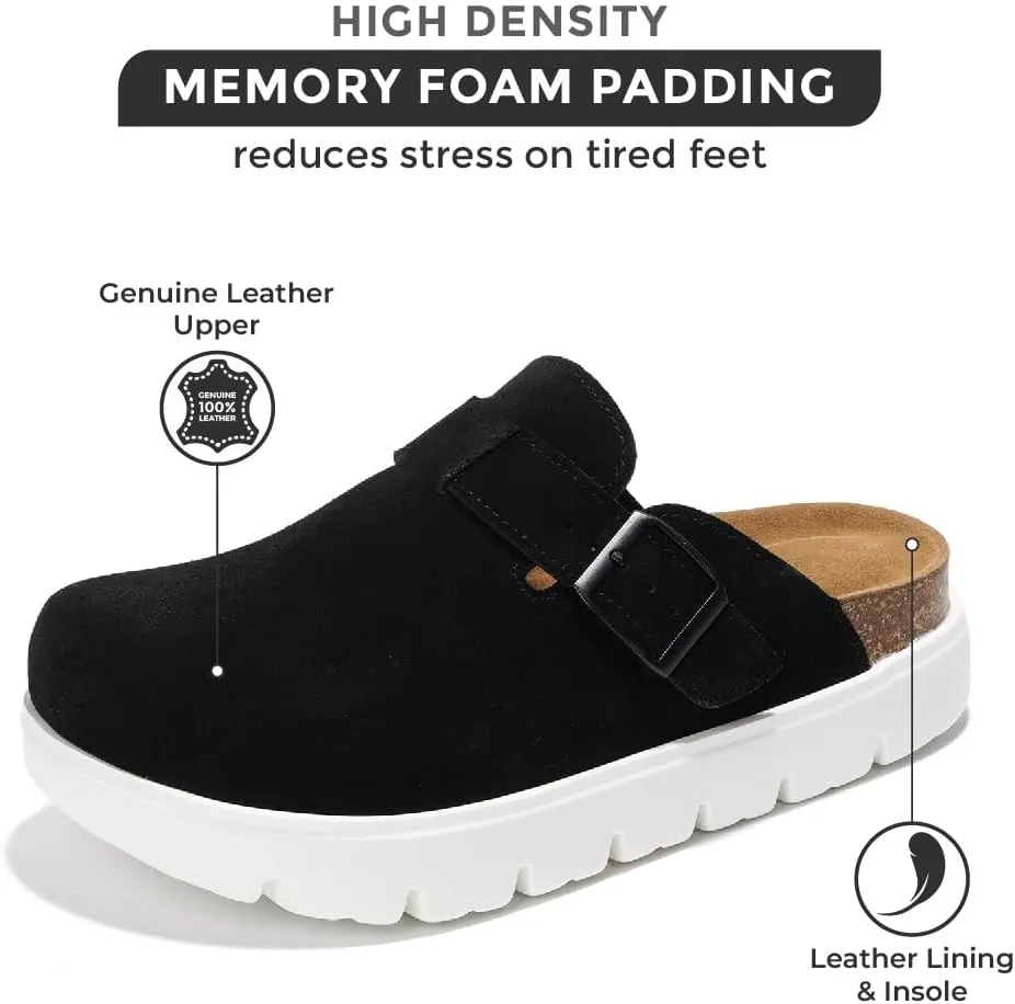 Project Cloud Genuine Leather Platform Clogs for Women Footwear - Memory Foam Arch Support Cork Footbed Casual Shoes & Mules for Women 2025 (Benton Chunky)
