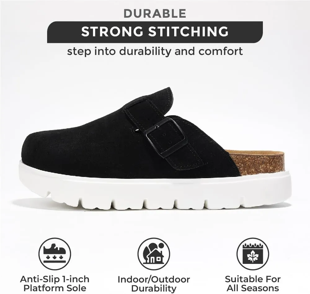 Project Cloud Genuine Leather Platform Clogs for Women Footwear - Memory Foam Arch Support Cork Footbed Casual Shoes & Mules for Women 2025 (Benton Chunky)