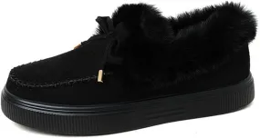 SACFOF Womens Winter Flat Boots Warm Durable Shoes With Fur Lined Fuzzy Ankle Snow Boots Platform Thick Plush Casual Loafers