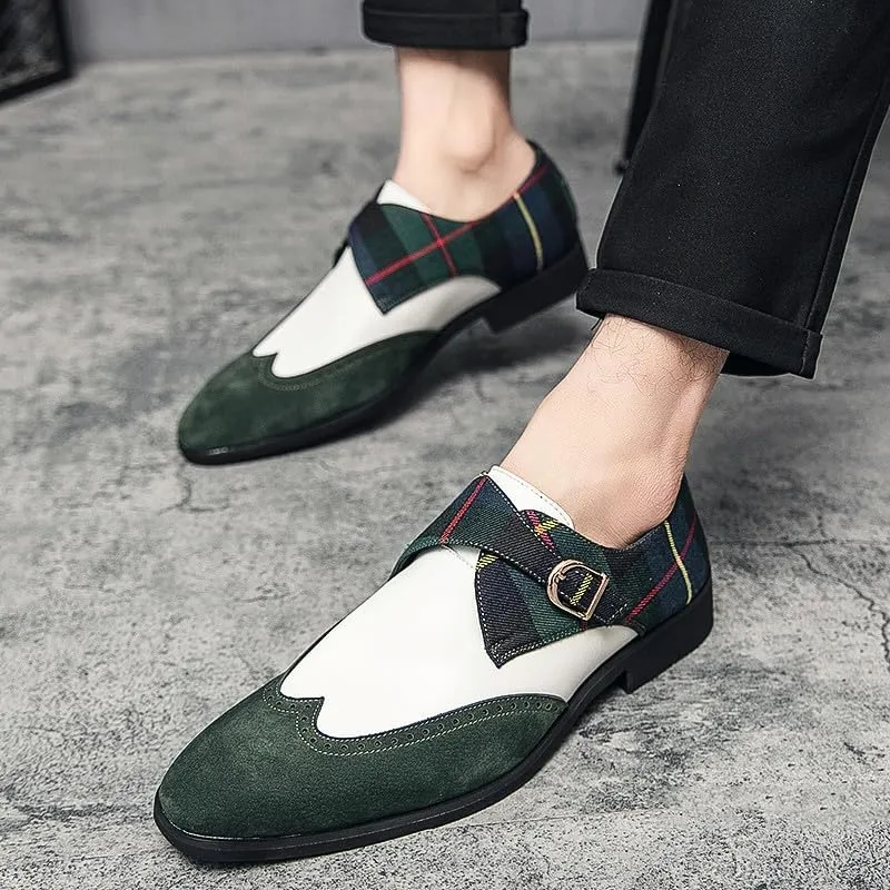 Santimon Mens Wingtip Brogues Two Tone Oxford Dress Shoes Lace up Classic Plaid Prom Fashion Slip On Buckle Belt Shoes