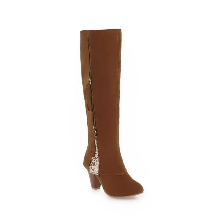 Slim fit side zip  chunky high heel knee high boots for women