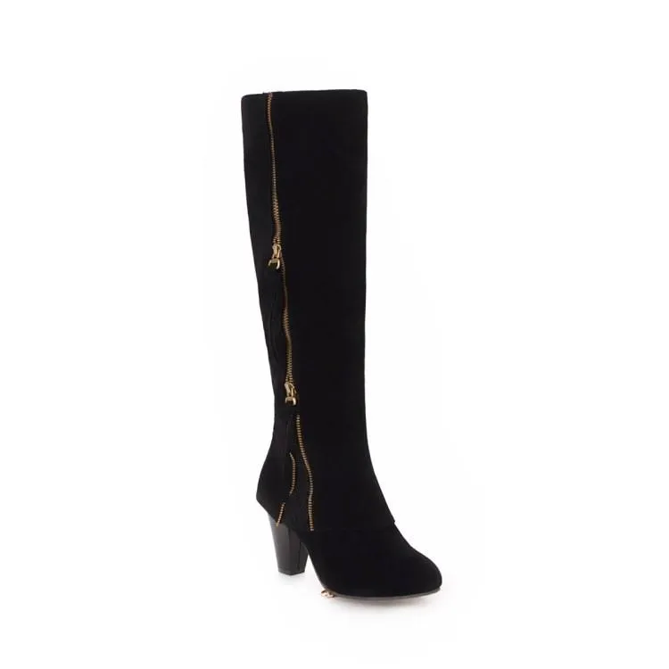 Slim fit side zip  chunky high heel knee high boots for women