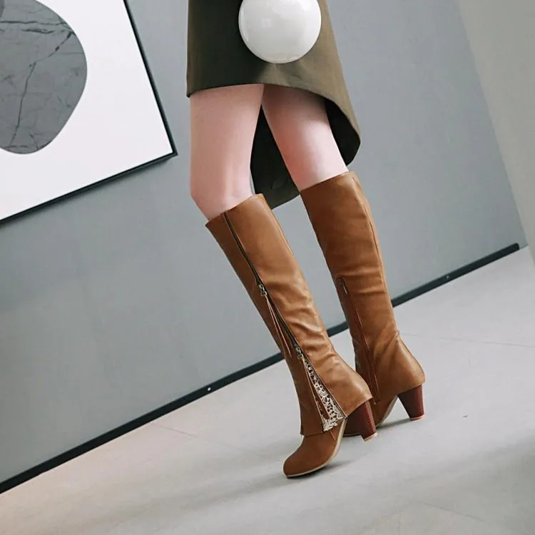 Slim fit side zip  chunky high heel knee high boots for women
