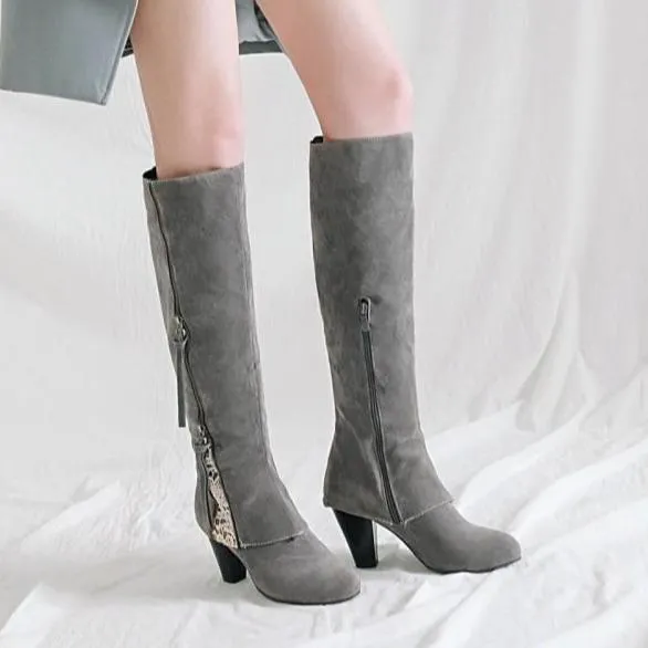 Slim fit side zip  chunky high heel knee high boots for women