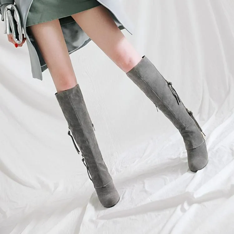 Slim fit side zip  chunky high heel knee high boots for women