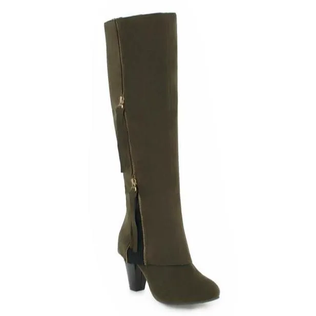 Slim fit side zip  chunky high heel knee high boots for women