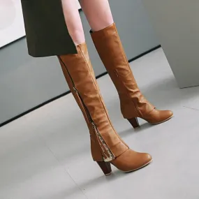 Slim fit side zip  chunky high heel knee high boots for women