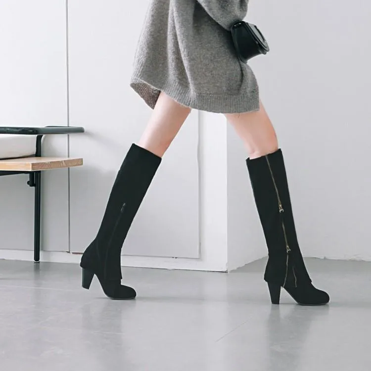 Slim fit side zip  chunky high heel knee high boots for women