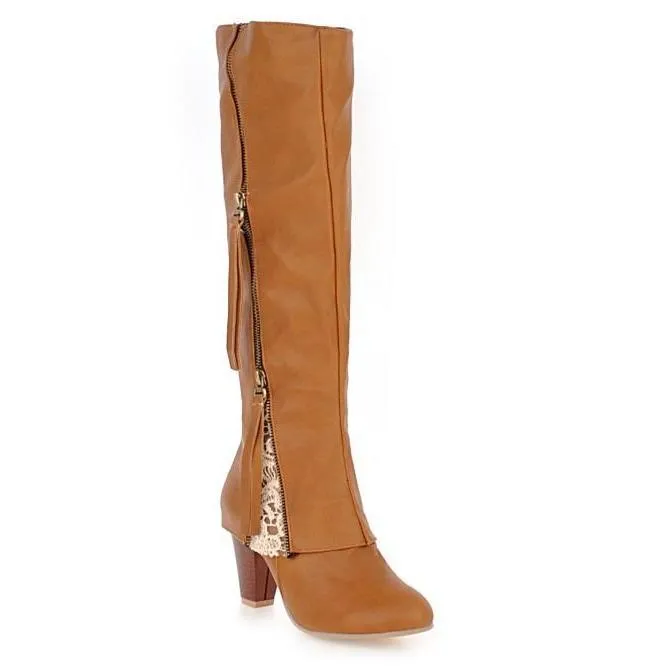 Slim fit side zip  chunky high heel knee high boots for women