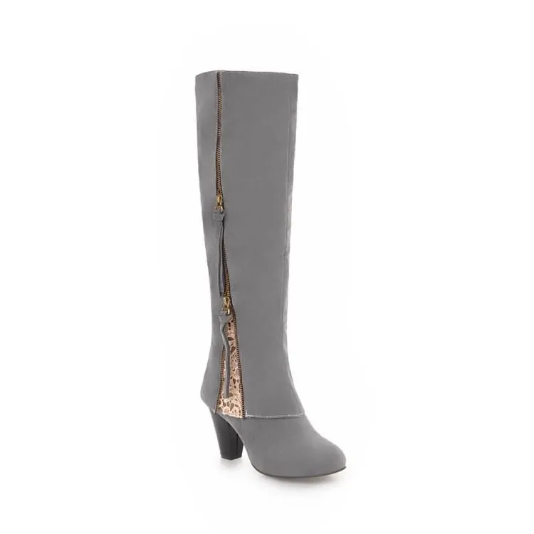 Slim fit side zip  chunky high heel knee high boots for women