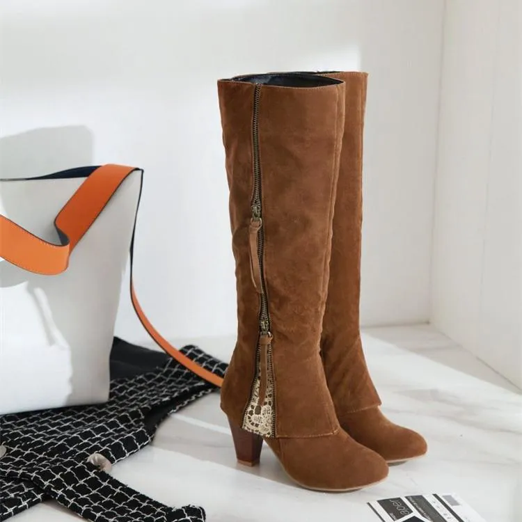 Slim fit side zip  chunky high heel knee high boots for women