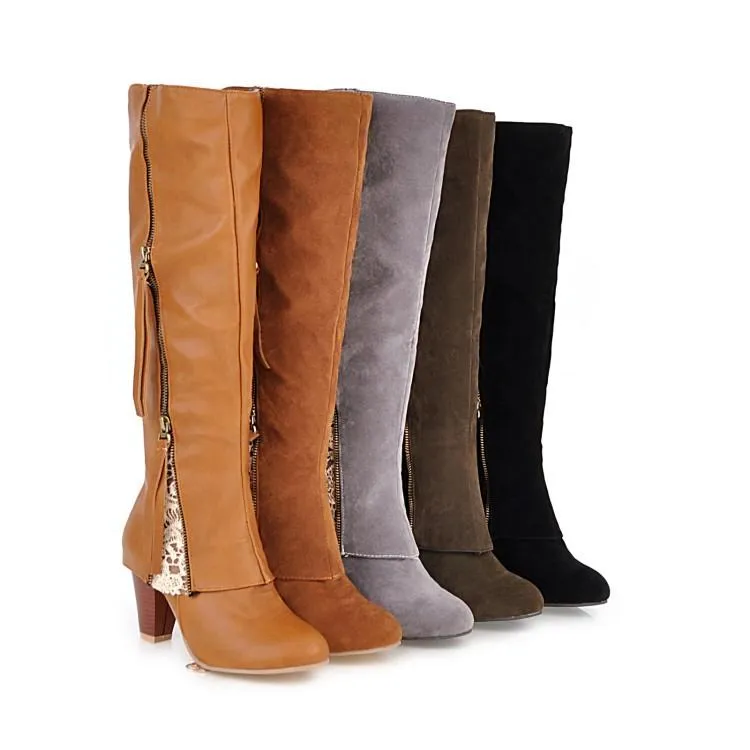 Slim fit side zip  chunky high heel knee high boots for women