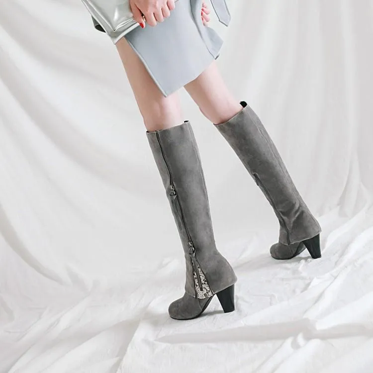Slim fit side zip  chunky high heel knee high boots for women