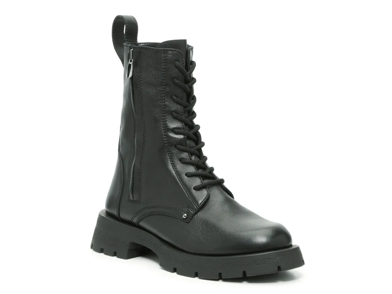 Steve Madden Pledge Black Leather Fashion Chunky Side Zipper Lace Up Ankle Boots