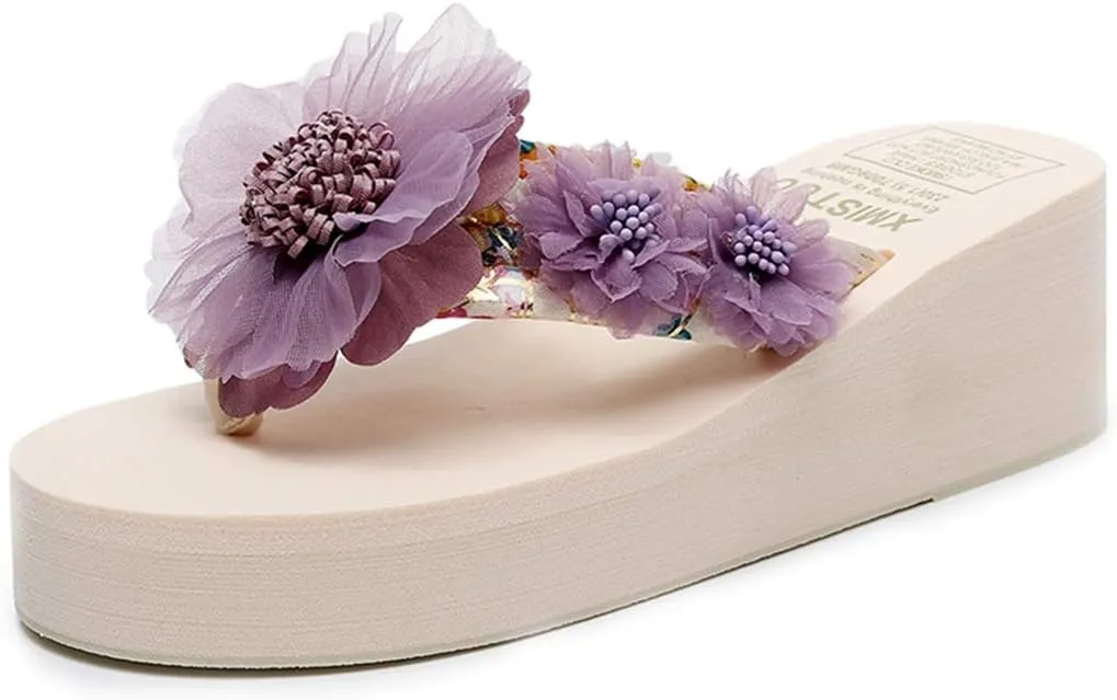 VOKLIN Women's Bohemian Flowers Wedge Flipflop Sandals Summer Nonslip Platform High Heel Beach Thong Sandal