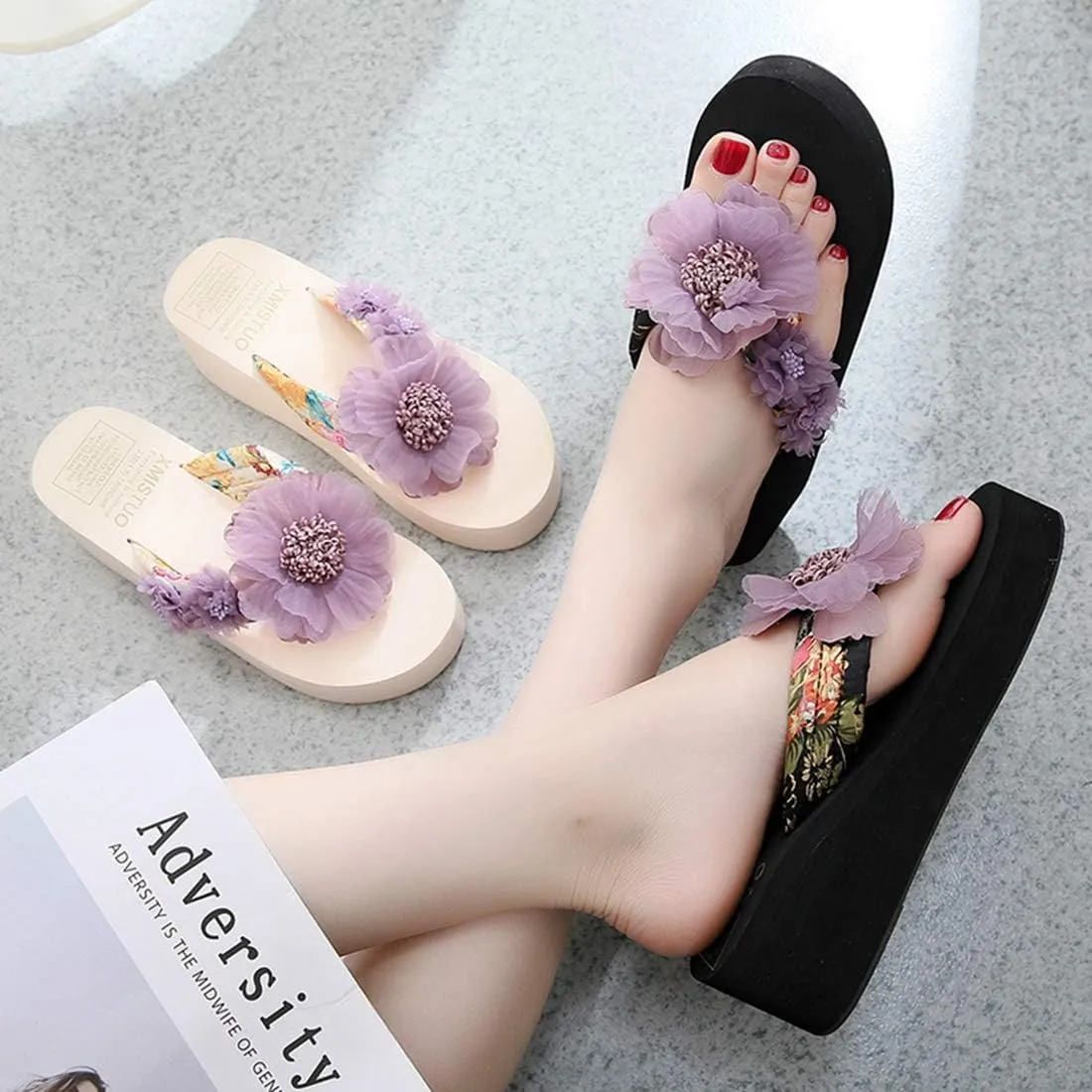 VOKLIN Women's Bohemian Flowers Wedge Flipflop Sandals Summer Nonslip Platform High Heel Beach Thong Sandal