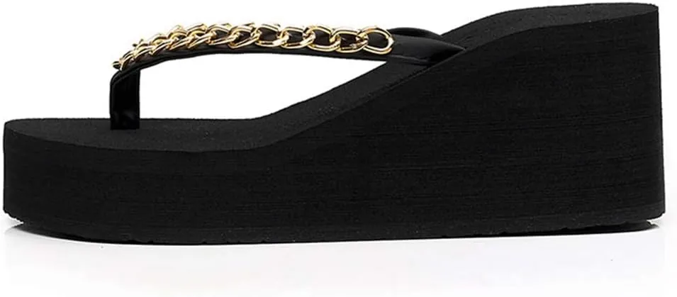 VOKLIN Women's Wedge High Heel Flipflops Fashion Metallic Summer Platform Comfy Nonslip Beach Thong Sandals