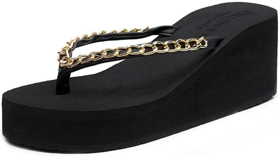 VOKLIN Women's Wedge High Heel Flipflops Fashion Metallic Summer Platform Comfy Nonslip Beach Thong Sandals