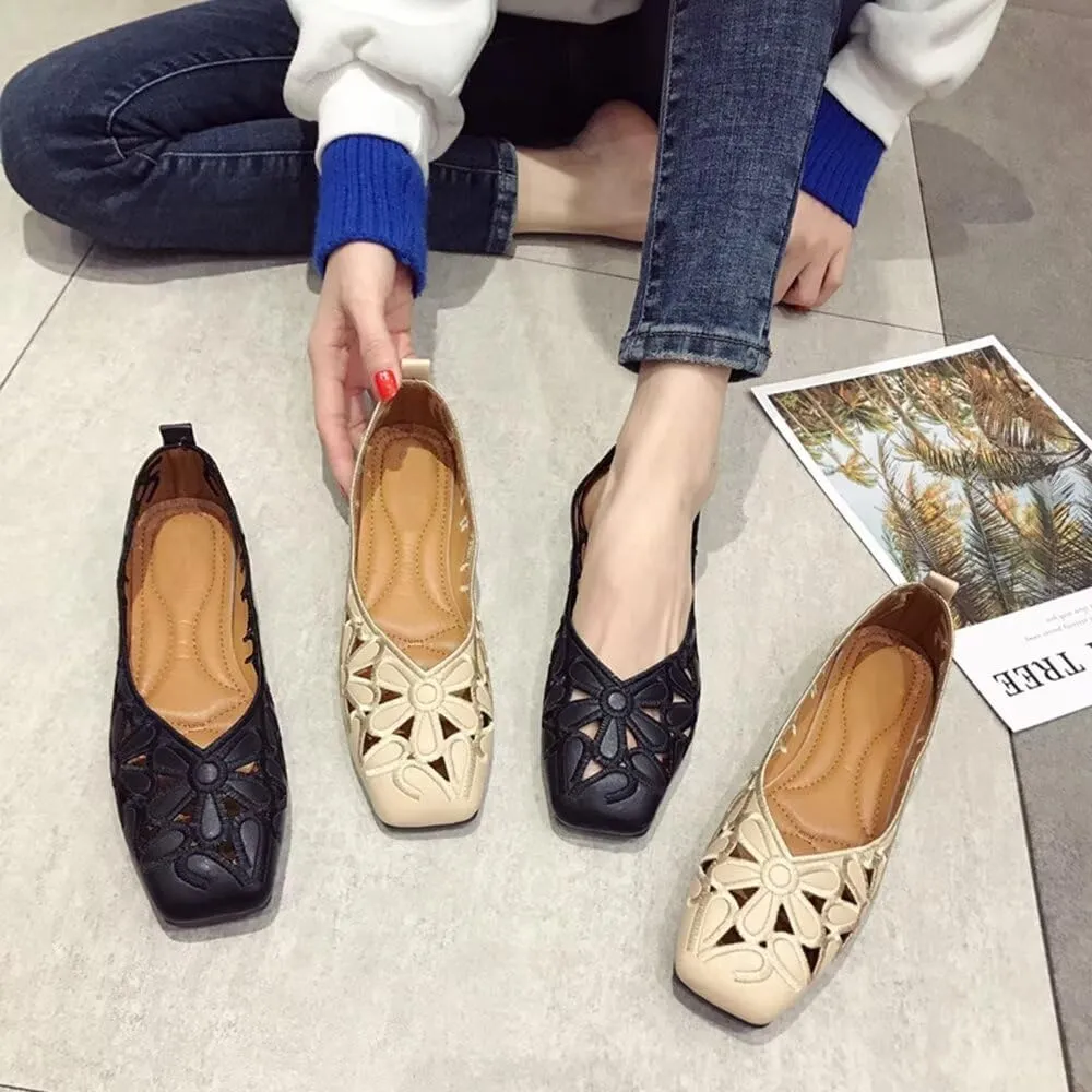 WENJIAZHIZHI Women's Floral Ballet Flats Comfortable Dress Shoes Square Toe Slip on Flat Shoes with Breathable Eyelets