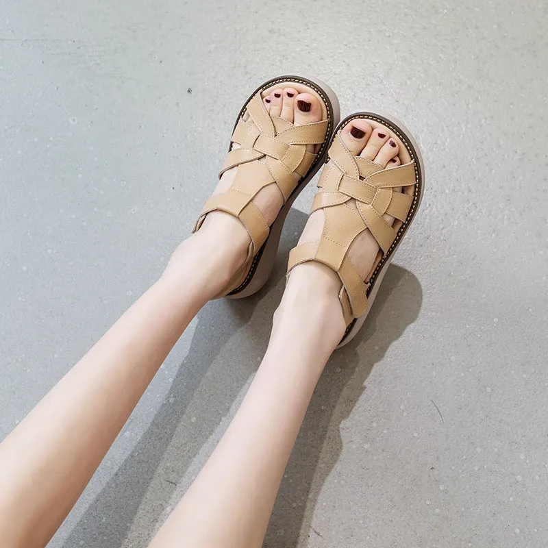 Women Retro Soft Leather Casual Wedge Sandals