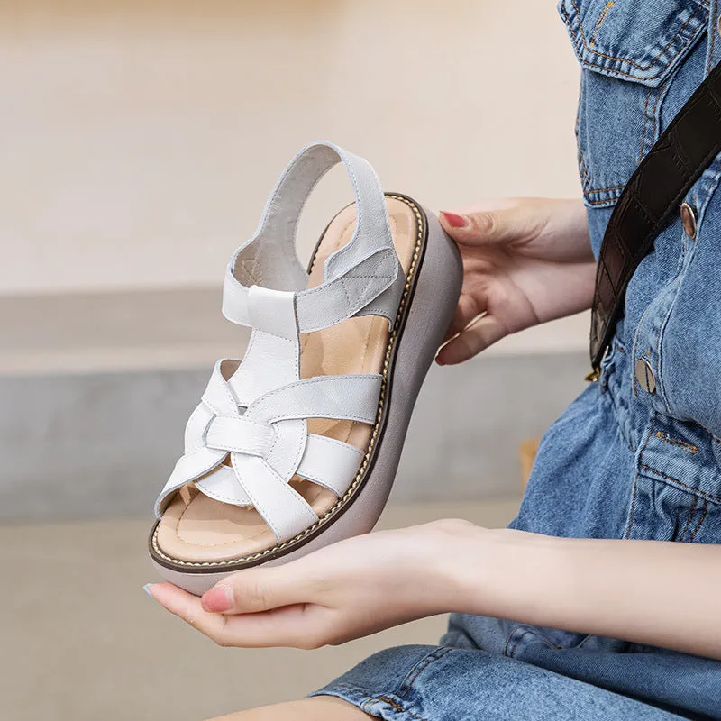 Women Retro Soft Leather Casual Wedge Sandals