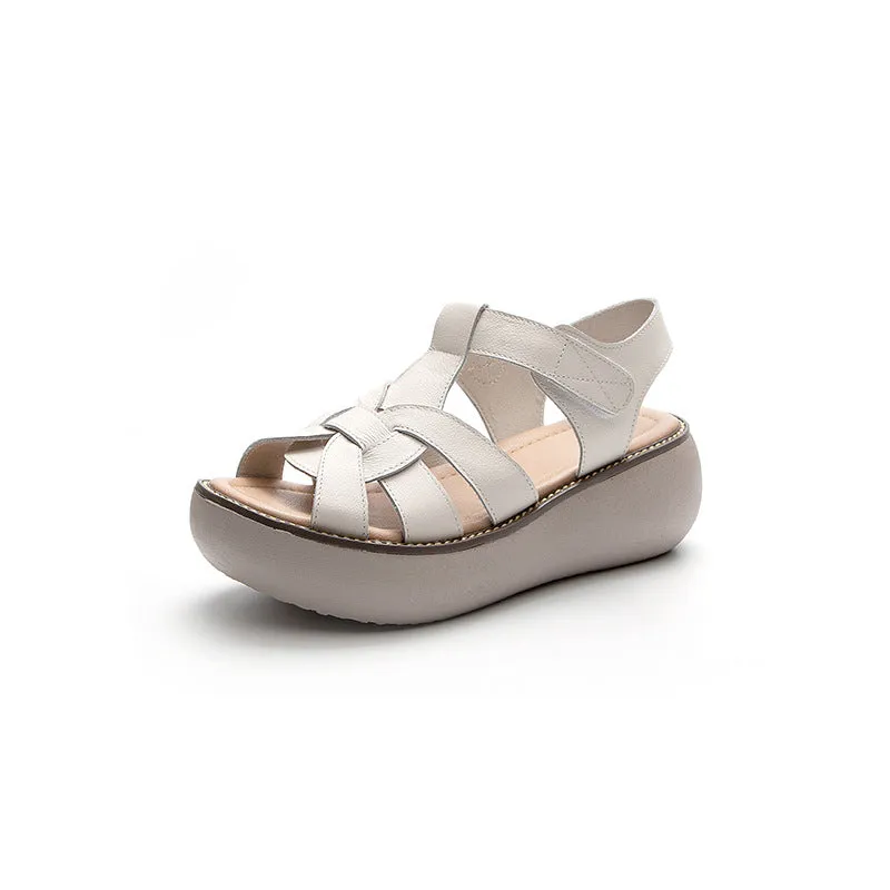 Women Retro Soft Leather Casual Wedge Sandals