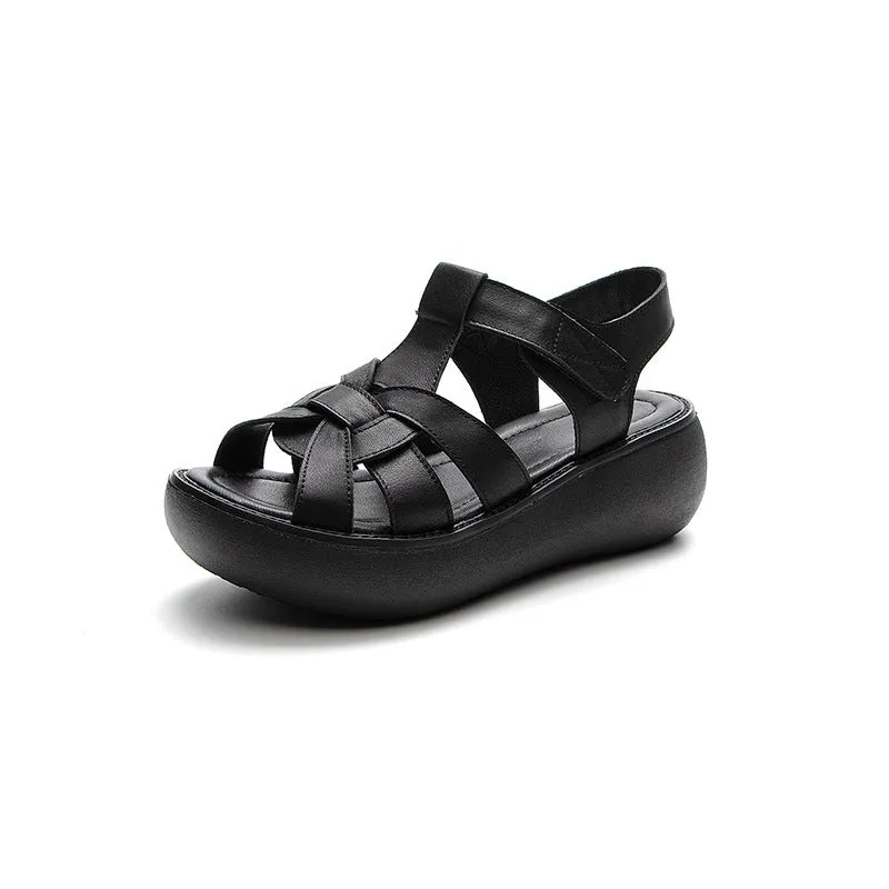 Women Retro Soft Leather Casual Wedge Sandals