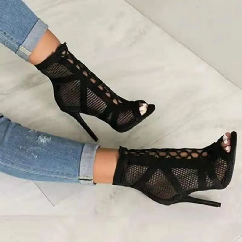 Women's black sexy peep toe hollow lace-up high heels booties