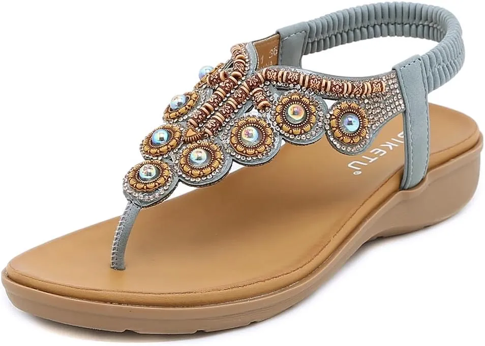 Women's Bohemian Rhinestone T-strap Flat Sandals Summer Comfortable Flipflops Embellished Beach Thong Sandal