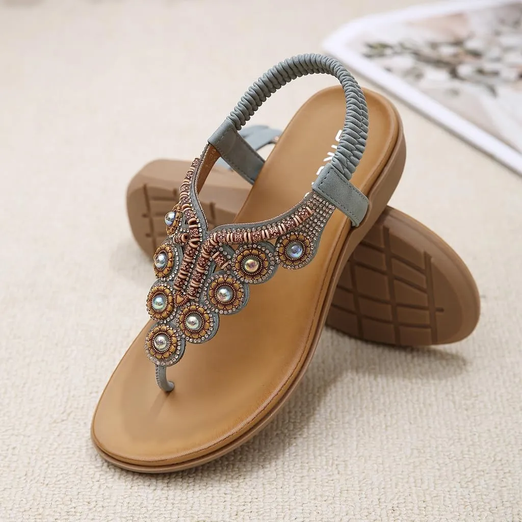 Women's Bohemian Rhinestone T-strap Flat Sandals Summer Comfortable Flipflops Embellished Beach Thong Sandal