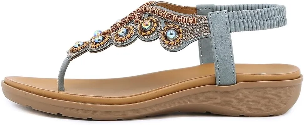 Women's Bohemian Rhinestone T-strap Flat Sandals Summer Comfortable Flipflops Embellished Beach Thong Sandal