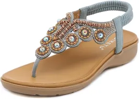 Women's Bohemian Rhinestone T-strap Flat Sandals Summer Comfortable Flipflops Embellished Beach Thong Sandal
