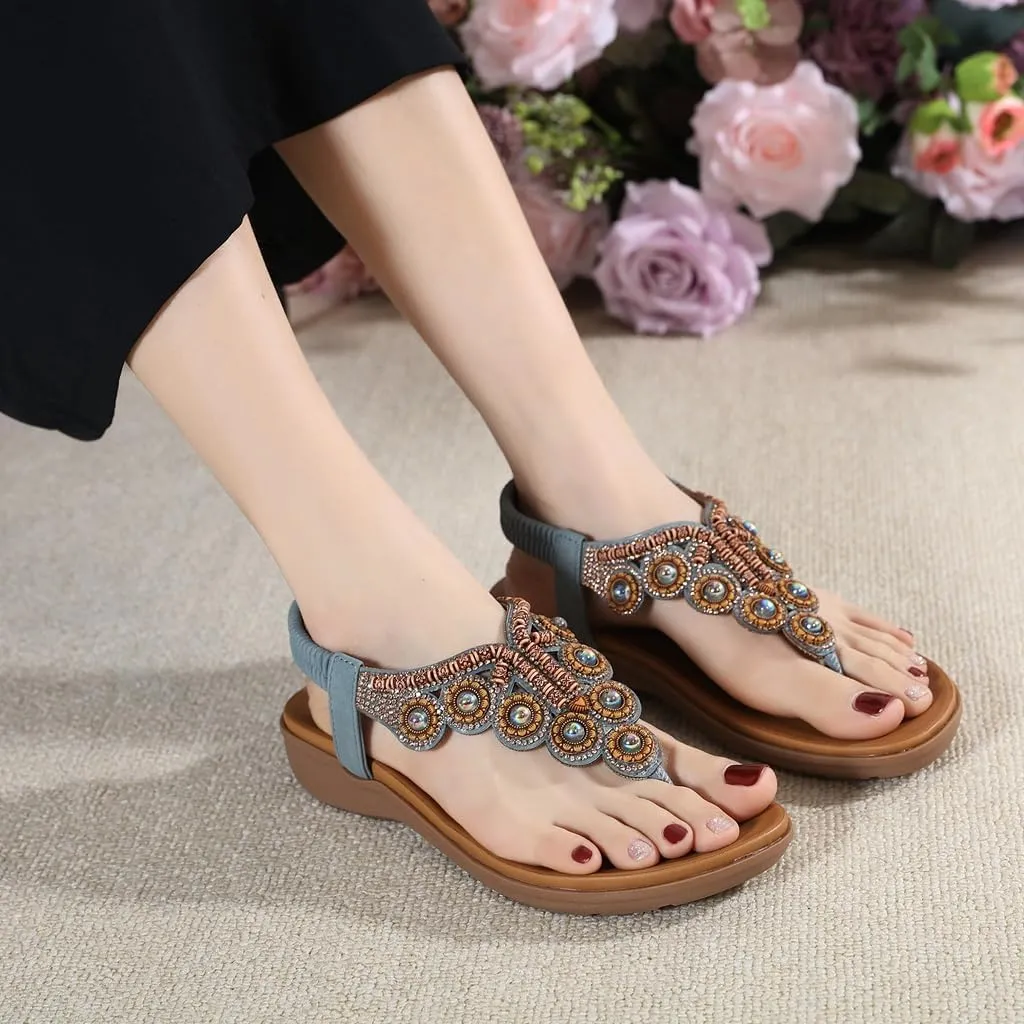 Women's Bohemian Rhinestone T-strap Flat Sandals Summer Comfortable Flipflops Embellished Beach Thong Sandal