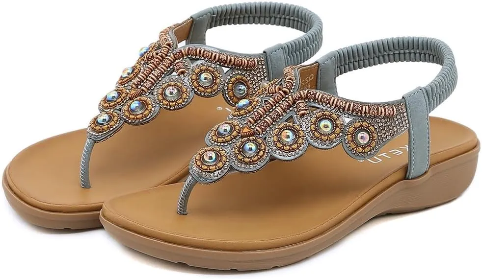 Women's Bohemian Rhinestone T-strap Flat Sandals Summer Comfortable Flipflops Embellished Beach Thong Sandal