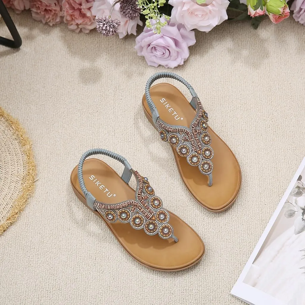 Women's Bohemian Rhinestone T-strap Flat Sandals Summer Comfortable Flipflops Embellished Beach Thong Sandal
