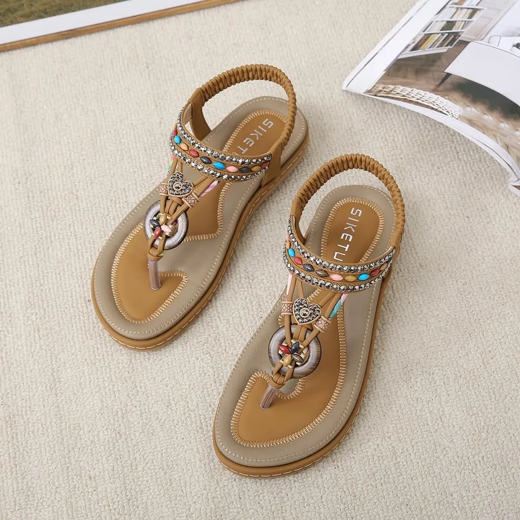 Women's Bohemian Rhinestone T-strap Flat Sandals Summer Comfy Flipflops Embellished Beach Thong Sandal