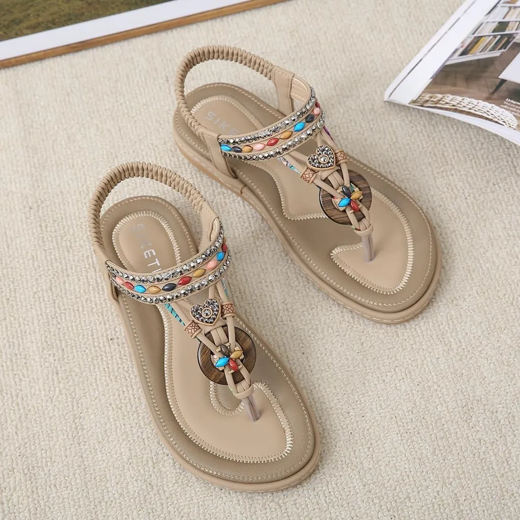 Women's Bohemian Rhinestone T-strap Flat Sandals Summer Comfy Flipflops Embellished Beach Thong Sandal